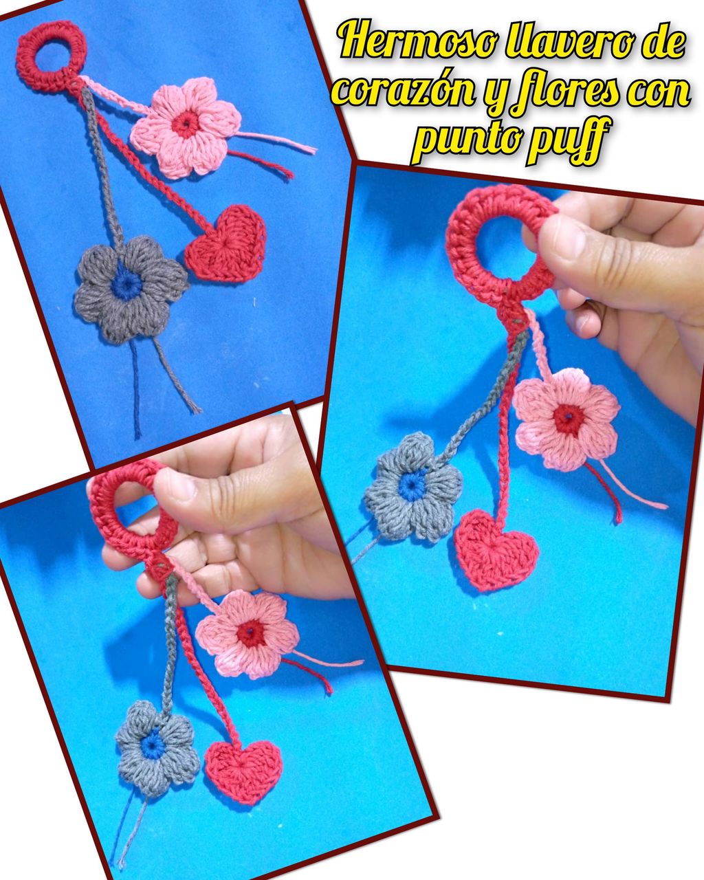 (Esp/Eng) Tutorial: Cómo hacer un lindo llavero de corazón y flores, punto puff /Tutorial: How to make a cute heart and flower keychain, puff stitch 