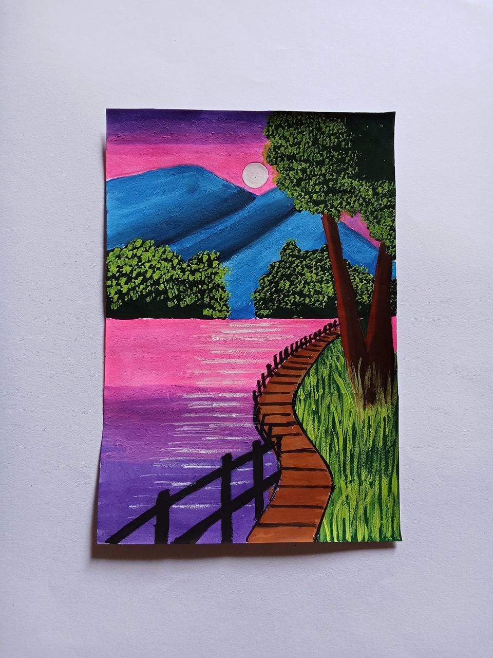 Full Moon Night Scenery Watercolor Painting