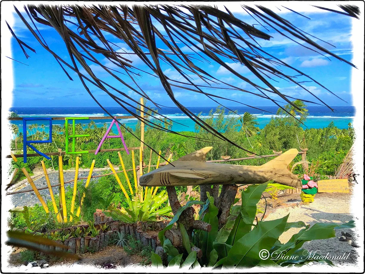 Carved shark on hilltop, Parea, Huahine